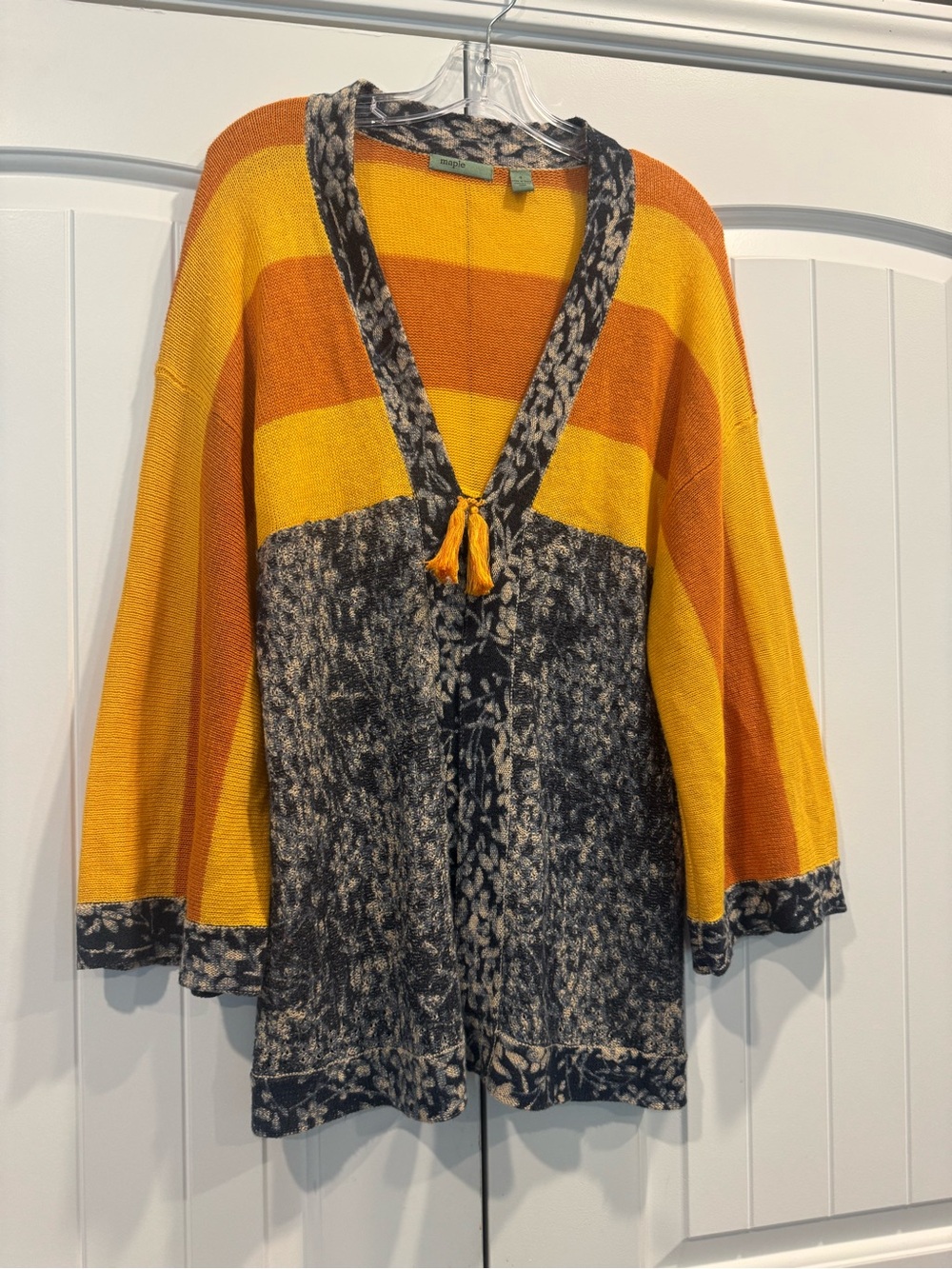 Anthropologie Striped Yellow & Orange Tassel-Front Knit Cardigan